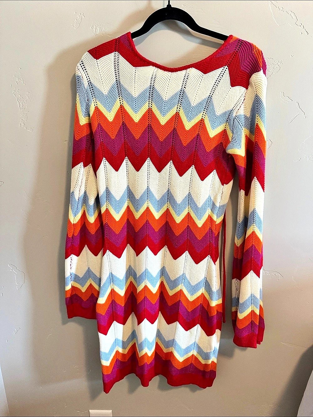 FORE Geometric  chevron Dress in Red, pink, orange, blue, yellow and cream